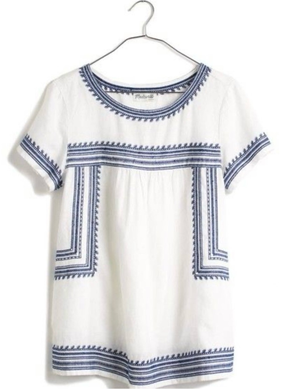 Madewell Cream Top with Navy Blue Embroidery